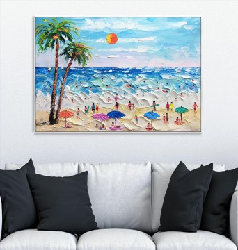 パレット ナイフ テクスチャによる青い海景白い海晴れたビーチの波 Oil Paintings